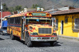Gaudily painted bus in Antigua Guatemala