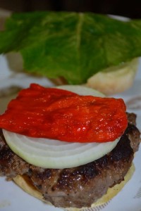 Magic Burger with onion, roasted pepper, and lettuce