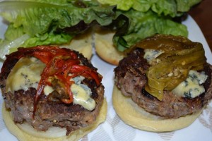 Magic burgers with stilton cheese and roasted peppers
