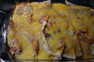 A pan full of Rudolph Enchiladas