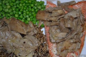 Mushrooms over salmon and wild rice.