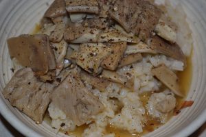 Mushroom-topped risotto (with the golden, buttery sauteed mushroom juice visible)