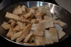 A panful of Russula mushrooms sauteing.